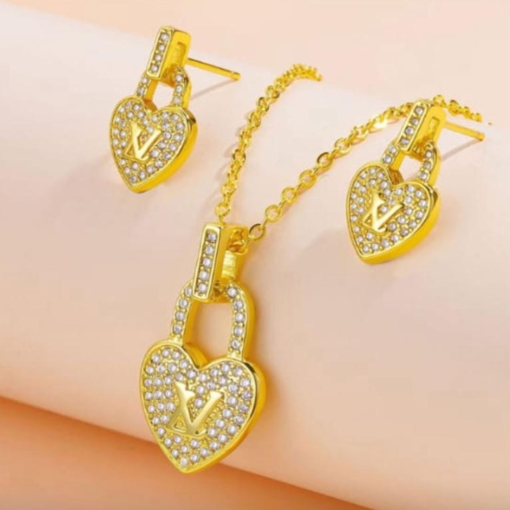 Gold Heart Pendant and Earrings Set
